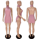 Sexy Solid Halter Split Mini Dress XYF-9130