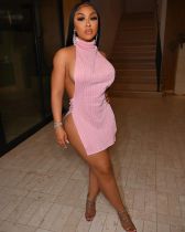 Sexy Solid Halter Split Mini Dress XYF-9130