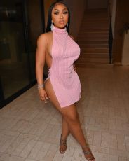 Sexy Solid Halter Split Mini Dress XYF-9130