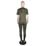 Solid Hooded Zipper Short Sleeve Two Piece Sets BS-1303