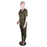 Solid Hooded Zipper Short Sleeve Two Piece Sets BS-1303