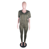 Solid Hooded Zipper Short Sleeve Two Piece Sets BS-1303