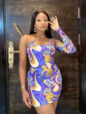 Sexy Printed One Shoulder Long Sleeve Mini Dress QZX-6237