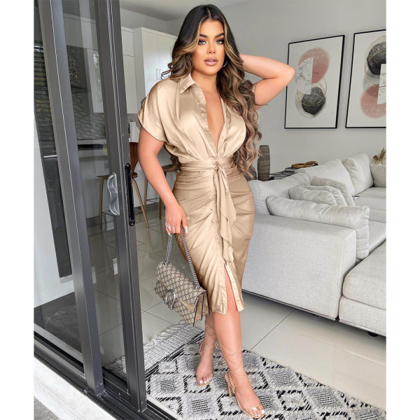 Sexy Short Sleeve Sashes Midi Shirt Dress ASL-6393