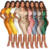 Sexy Short Sleeve Sashes Midi Shirt Dress ASL-6393