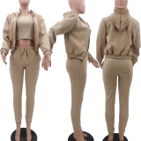 Solid Fleece Zipper Hoodie+Tank Top+Pants 3 Piece Sets TK-6209