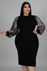 Plus Size Sequin Sleeve Patchwork Midi Dress OSM-5297