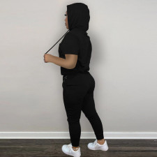 Solid Sports Hooded Short Sleeve 2 Piece Pants Set FNN-8657