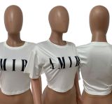 Letter Print O Neck Short Sleeve Cropped T Shirt LSD-82012