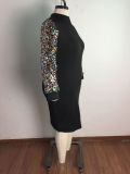 Plus Size Sequin Sleeve Patchwork Midi Dress OSM-5297