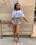 Letter Print O Neck Short Sleeve Cropped T Shirt LSD-82012