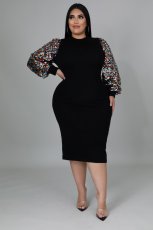 Plus Size Sequin Sleeve Patchwork Midi Dress OSM-5297