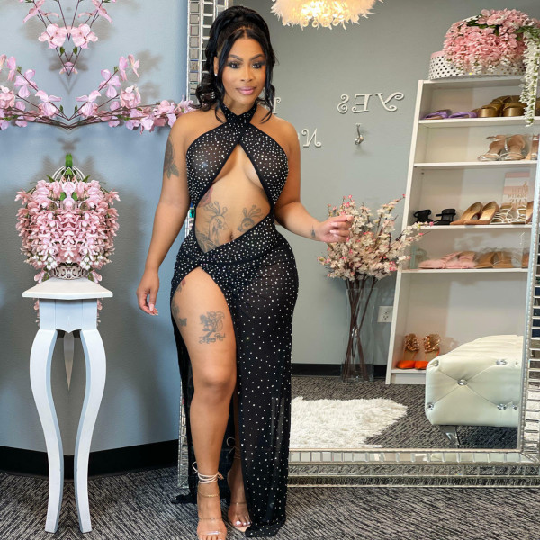 Sexy Hot Drilling Halter Hollow High Split Long Club Dress SH-390260