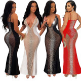 Sexy Hot Drilling Deep V Neck Maxi Evening Dress SH-390261