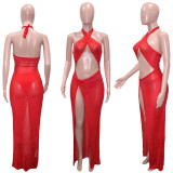 Sexy Hot Drilling Halter Hollow High Split Long Club Dress SH-390260