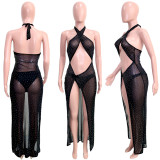 Sexy Hot Drilling Halter Hollow High Split Long Club Dress SH-390260
