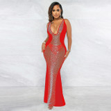 Sexy Hot Drilling Deep V Neck Maxi Evening Dress SH-390261
