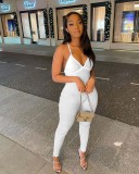 Sexy Solid V Neck Backless Cross Strap Tight Jumpsuit NIK-270