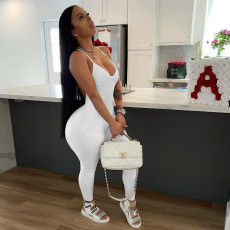 Sexy Solid V Neck Backless Cross Strap Tight Jumpsuit NIK-270