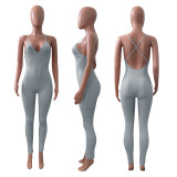 Sexy Solid V Neck Backless Cross Strap Tight Jumpsuit NIK-270