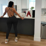 Sexy Solid V Neck Backless Cross Strap Tight Jumpsuit NIK-270