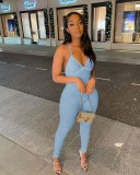 Sexy Solid V Neck Backless Cross Strap Tight Jumpsuit NIK-270