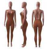 Sexy Solid V Neck Backless Cross Strap Tight Jumpsuit NIK-270