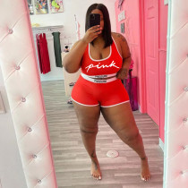 Plus Size Pink Letter Print Tank Top And Shorts 2 Piece Sets WAF-718147