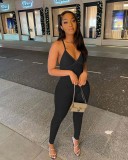Sexy Solid V Neck Backless Cross Strap Tight Jumpsuit NIK-270