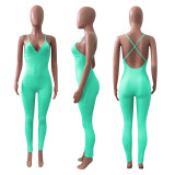 Sexy Solid V Neck Backless Cross Strap Tight Jumpsuit NIK-270