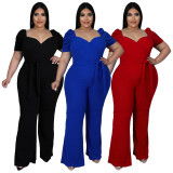 Plus Size Solid V Neck Short Sleeve Sashes Jumpsuit NNWF-7427