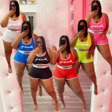 Plus Size Pink Letter Print Tank Top And Shorts 2 Piece Sets WAF-718147