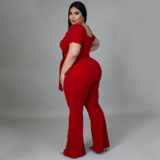 Plus Size Solid V Neck Short Sleeve Sashes Jumpsuit NNWF-7427