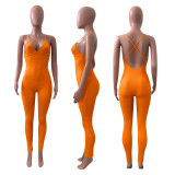 Sexy Solid V Neck Backless Cross Strap Tight Jumpsuit NIK-270