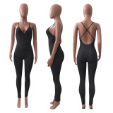Sexy Solid V Neck Backless Cross Strap Tight Jumpsuit NIK-270