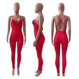 Sexy Solid V Neck Backless Cross Strap Tight Jumpsuit NIK-270