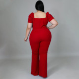 Plus Size Solid V Neck Short Sleeve Sashes Jumpsuit NNWF-7427