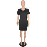 Solid V Neck Short Sleeve Casual Dress WAF-F008