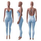 Sexy Solid V Neck Backless Cross Strap Tight Jumpsuit NIK-270