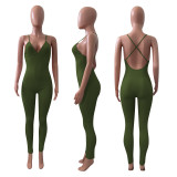 Sexy Solid V Neck Backless Cross Strap Tight Jumpsuit NIK-270