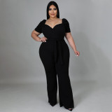 Plus Size Solid V Neck Short Sleeve Sashes Jumpsuit NNWF-7427