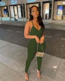 Sexy Solid V Neck Backless Cross Strap Tight Jumpsuit NIK-270