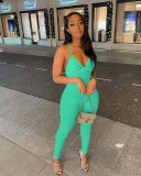 Sexy Solid V Neck Backless Cross Strap Tight Jumpsuit NIK-270