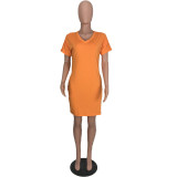 Solid V Neck Short Sleeve Casual Dress WAF-F008