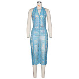 Sexy Knitted Crochet Halter Hollow Out Midi Dress ZSD-Z094
