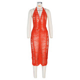Sexy Knitted Crochet Halter Hollow Out Midi Dress ZSD-Z094