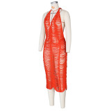 Sexy Knitted Crochet Halter Hollow Out Midi Dress ZSD-Z094