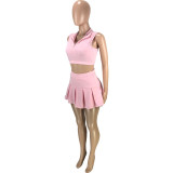 Solid Sleeveless Tank Top Pleated Mini Skirt 2 Piece Sets MEI-9229
