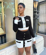 Sexy Patchwork Long Sleeve Mini Skirt 2 Piece Sets MDF-5284