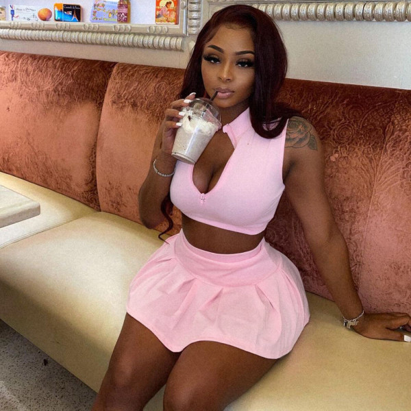 Solid Sleeveless Tank Top Pleated Mini Skirt 2 Piece Sets MEI-9229